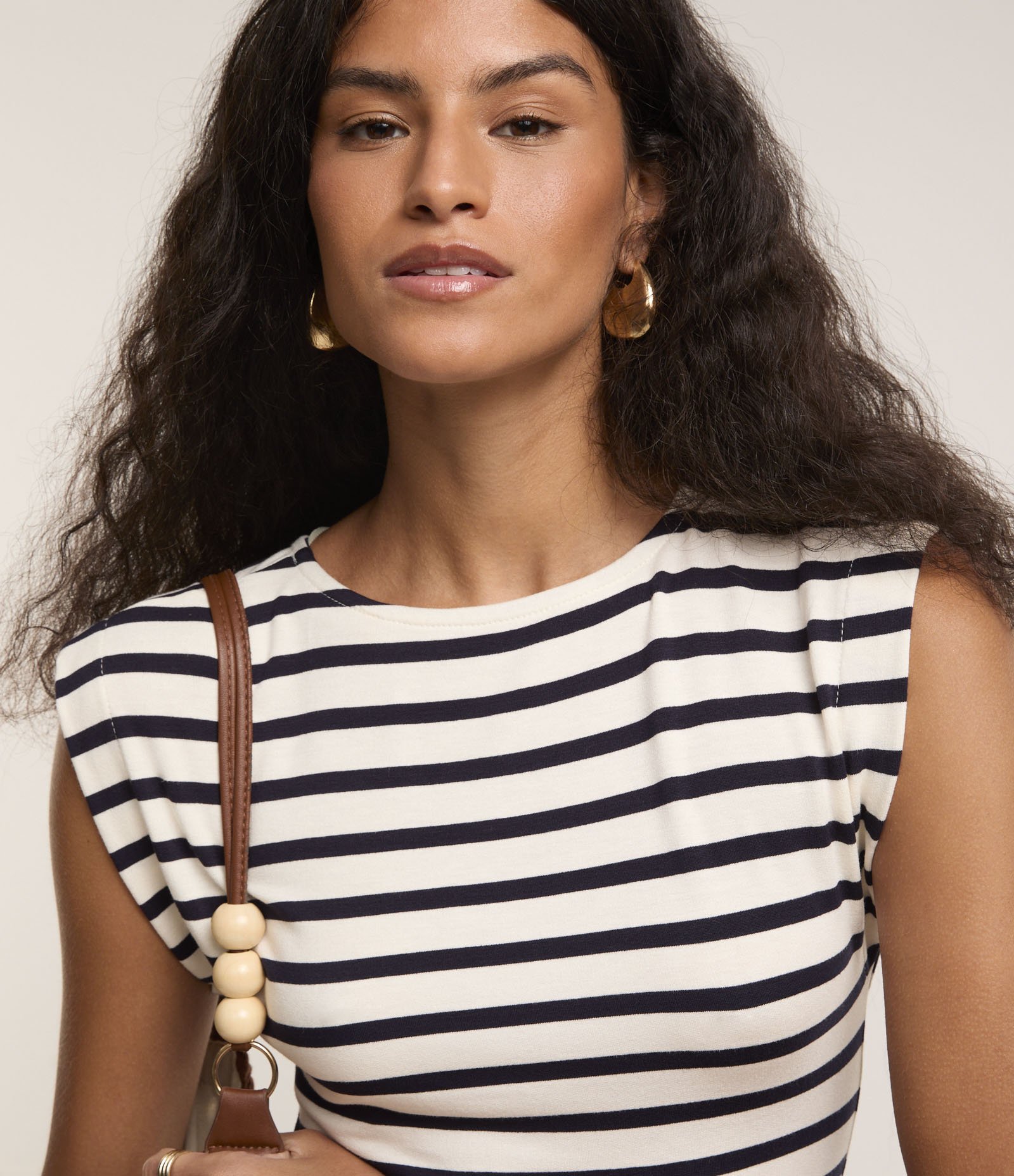 Blusa sem Manga em Algodão Listrado com Franzido Azul/Branco 5