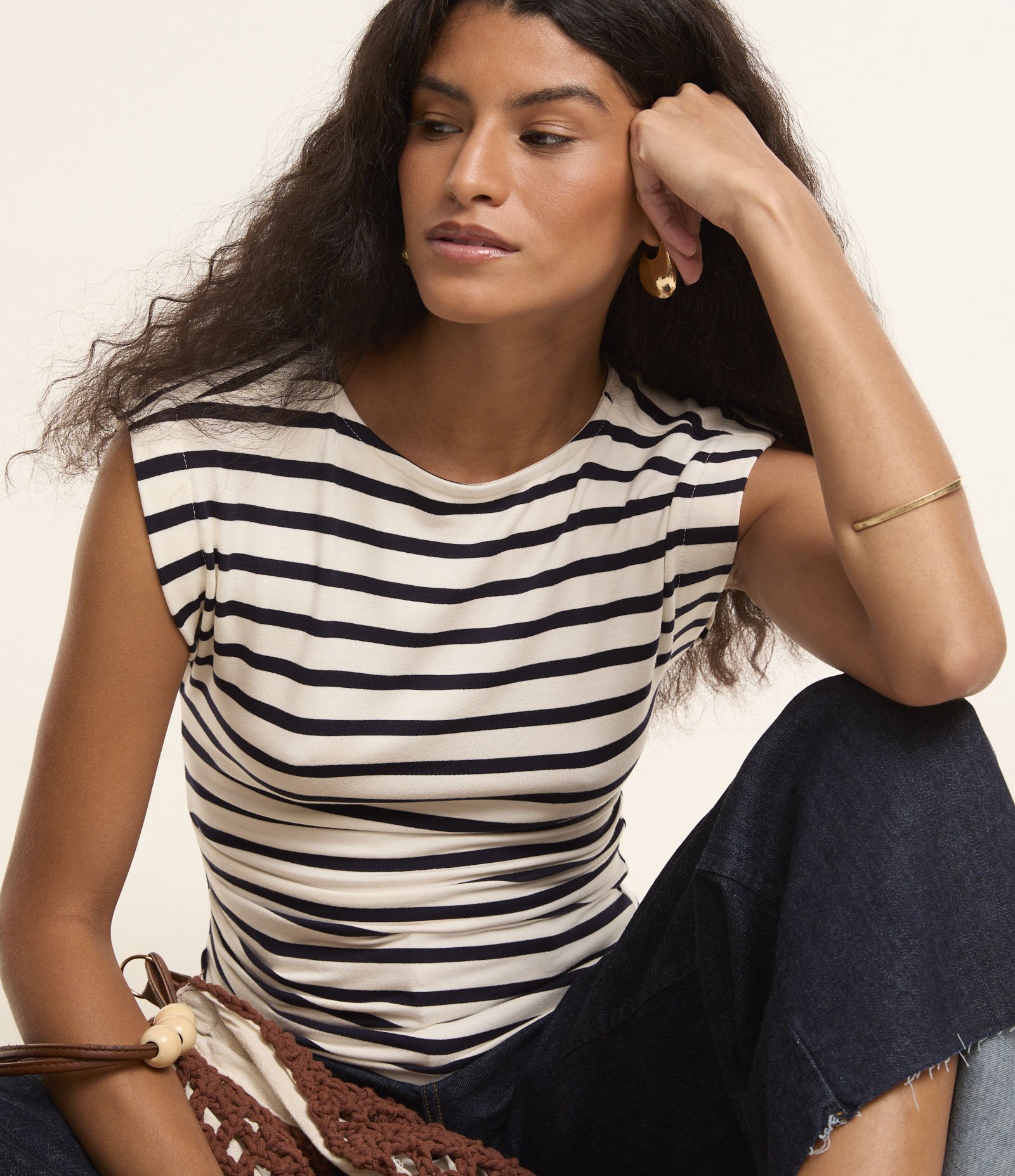 Blusa sem Manga em Algodão Listrado com Franzido Azul/Branco 6