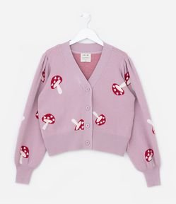 Cardigan Infantil com Estampa de Cogumelinhos - Tam 5 a 14 Anos