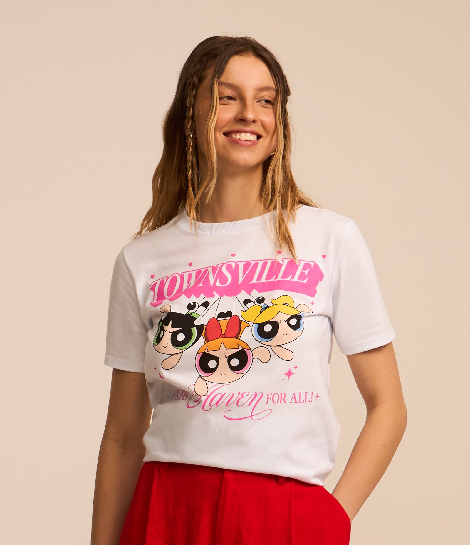 Camiseta Alongada em Algodão com Estampa Meninas Super Poderosas Townsville Branco 1