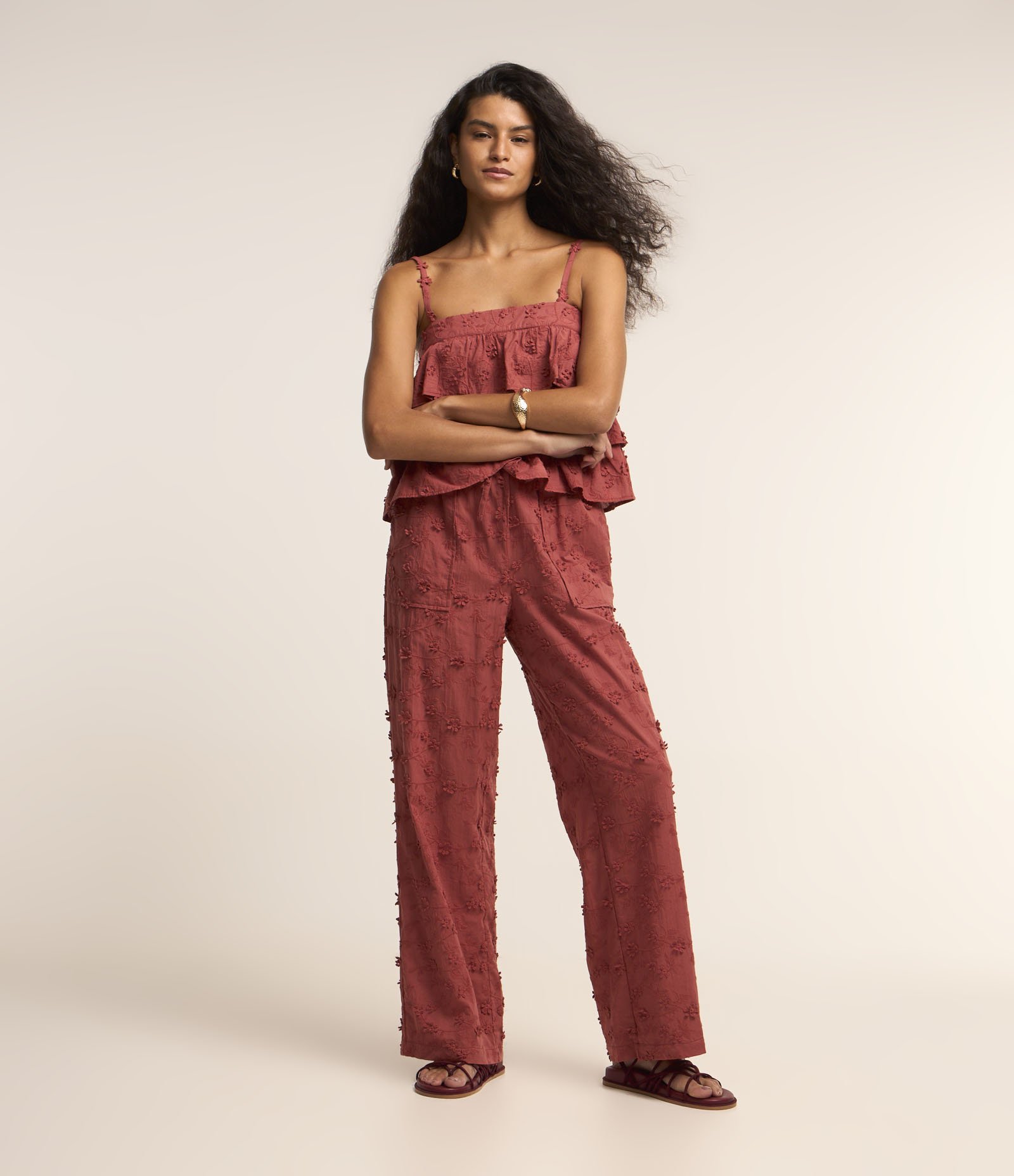 Blusa de Alça em Tricoline com Babados e Bordado Laranja 2