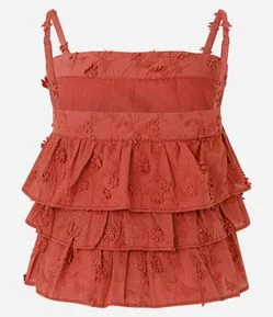 Blusa de Alça em Tricoline com Babados e Bordado