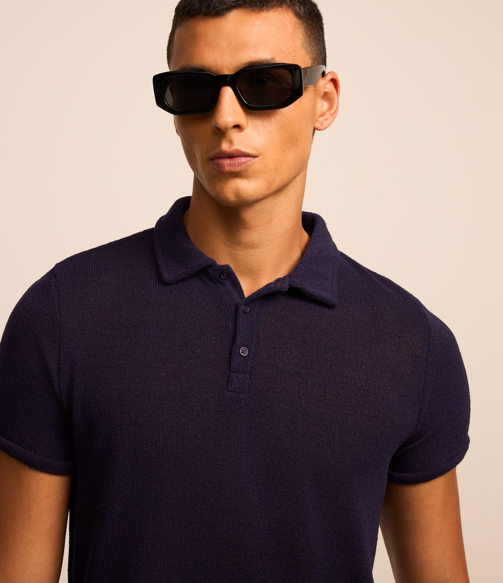 Camisa Polo em Tricô Buclé com Textura Azul Marinho 3