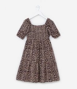 Vestido Infantil Estampado Animal Print Onça e Manga Bufante - Tam 5 a 14 anos