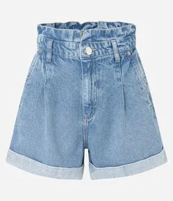 Short Baggy Cintura Alta em Jeans com Prega e Barra Dobrada