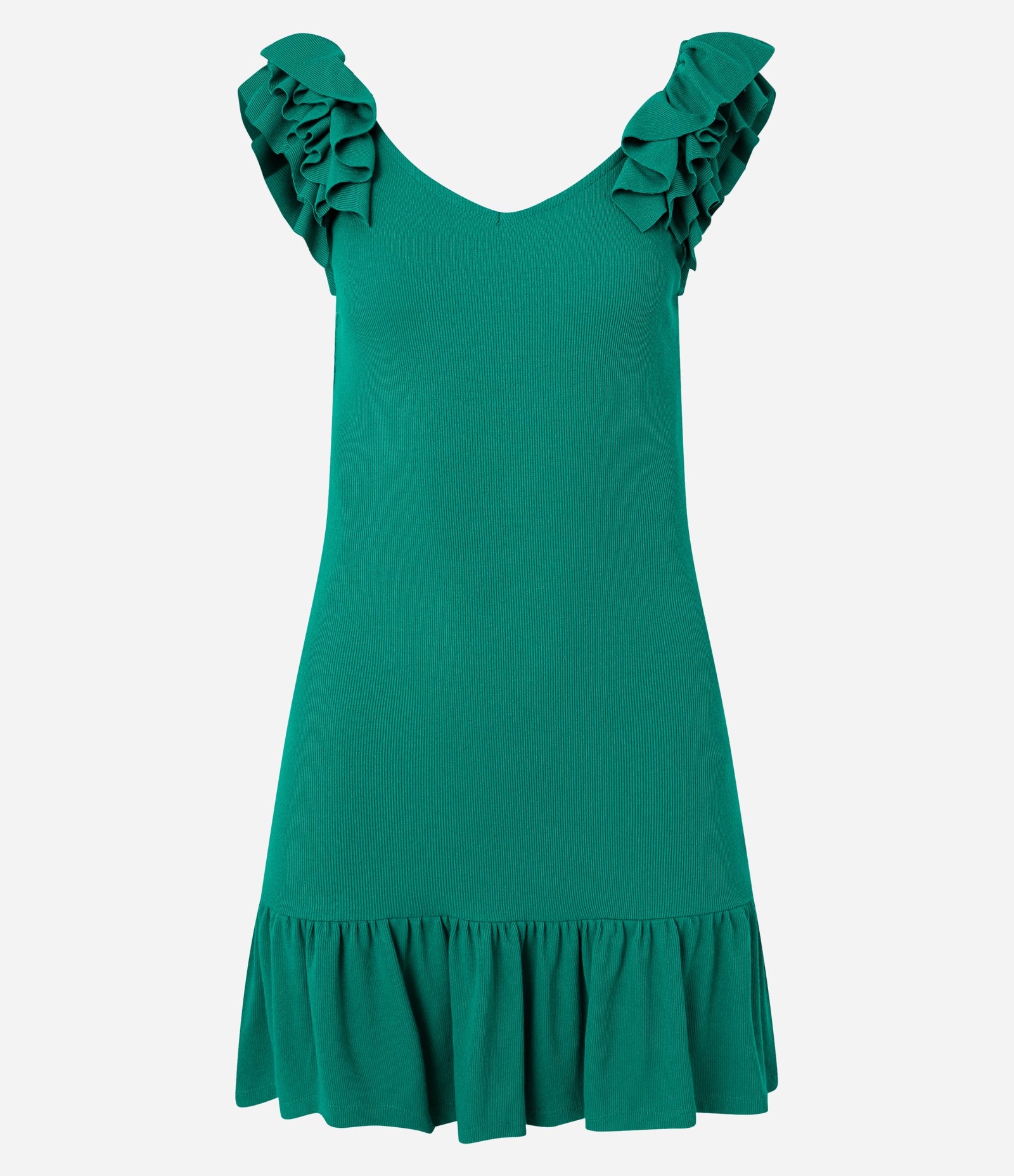 Vestido Curto em Ribana com Babados no Ombro e Barra Verde 4