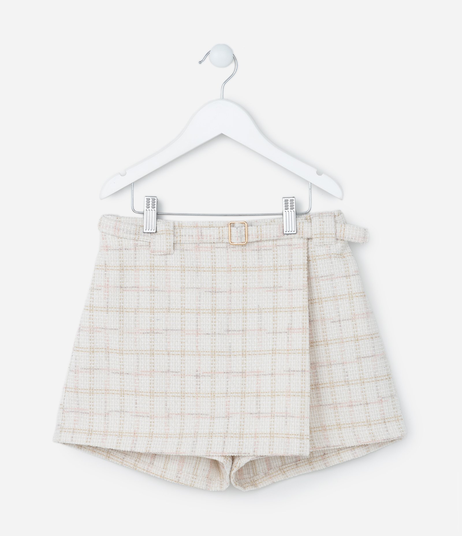 Short Saia Envelope Infantil em Tweed com Estampa Xadrez - Tam 5 a 14 Anos Off White 1