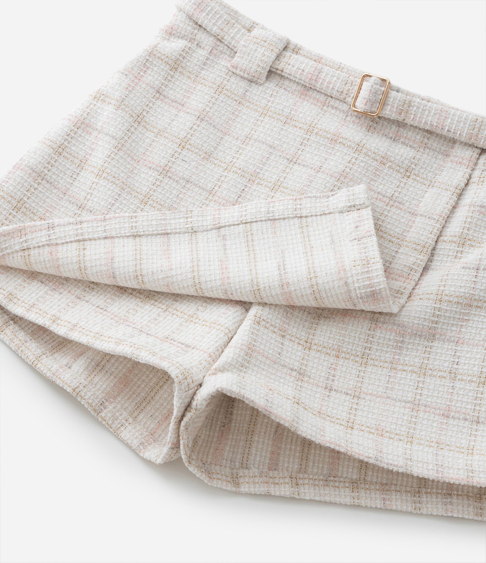 Short Saia Envelope Infantil em Tweed com Estampa Xadrez - Tam 5 a 14 Anos Off White 6
