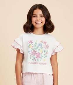 Blusa Curta Infantil com Babadinhos e Estampa Floral - Tam 5 a 14 Anos