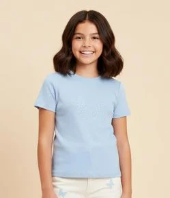 Blusa Infantil em Ribana com Bordado Borboleta - Tam 5 a 14 Anos