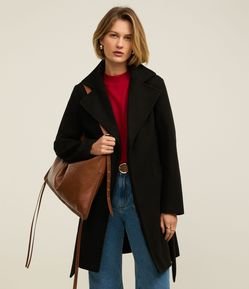 Casaco Alongado em Polivelour com Cinto de Tecido