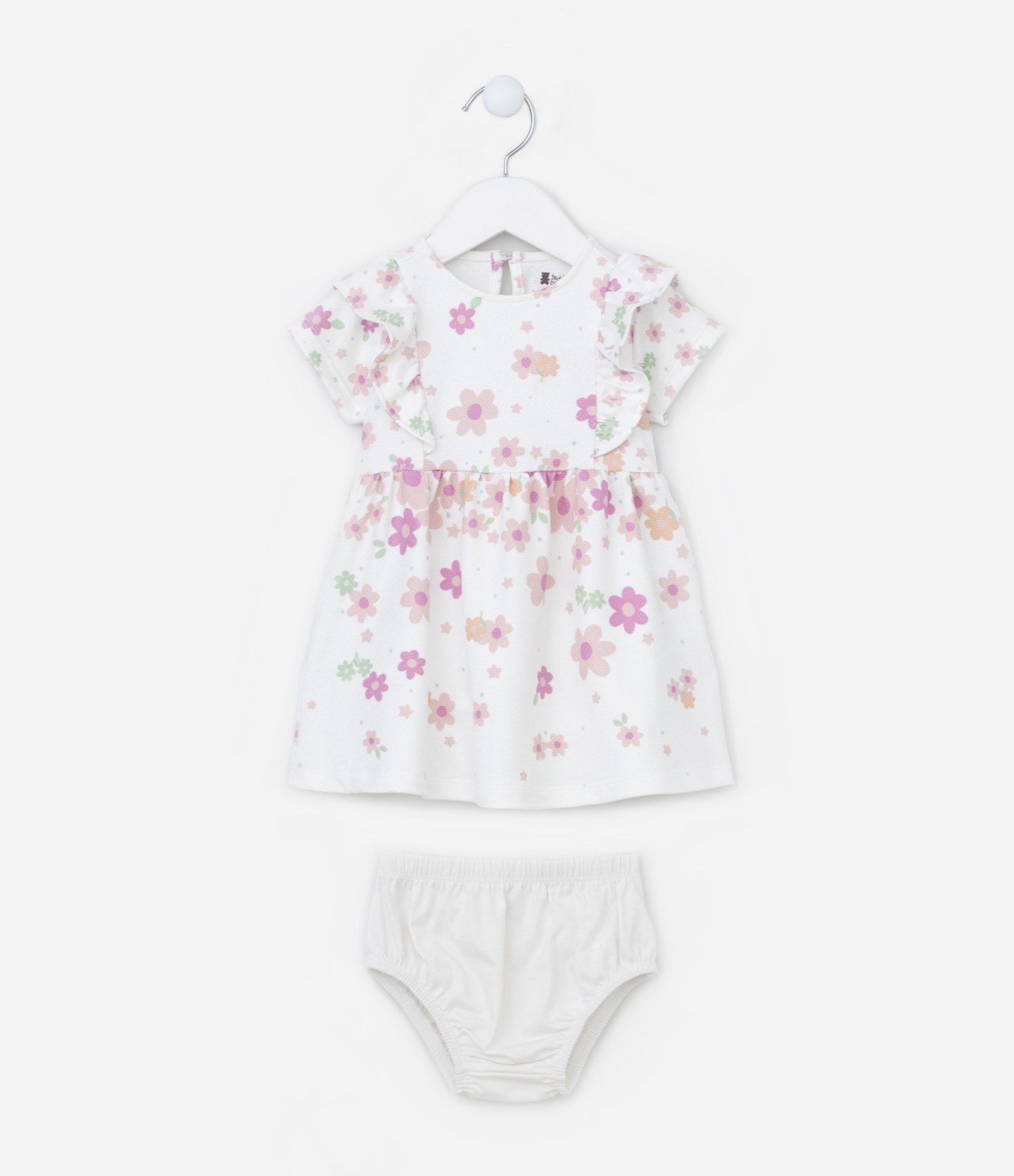 Vestido Infantil com Babadinhos e Estampa Floral - Tam 0 a 18 meses Branco Neve 1