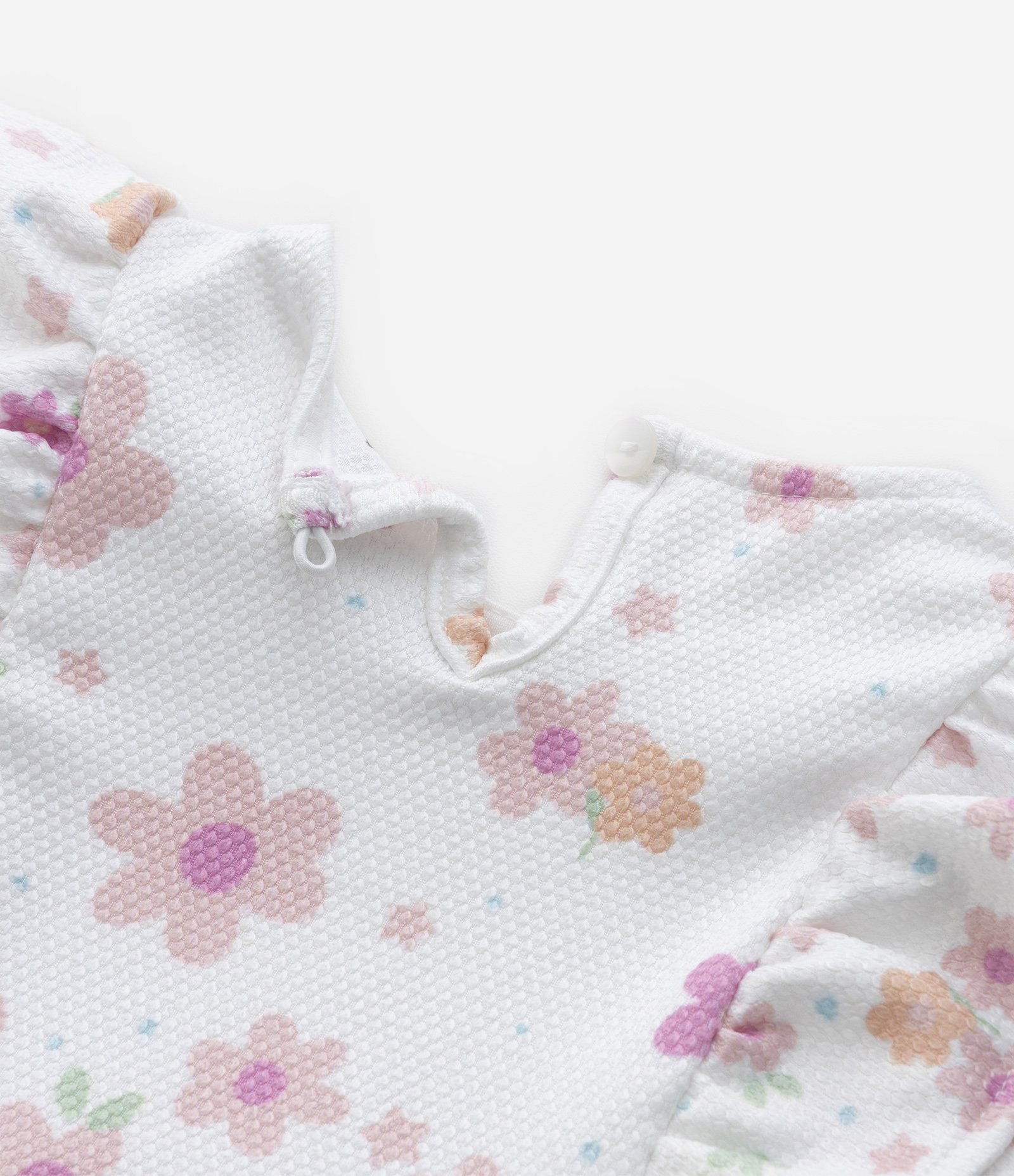 Vestido Infantil com Babadinhos e Estampa Floral - Tam 0 a 18 meses Branco Neve 4