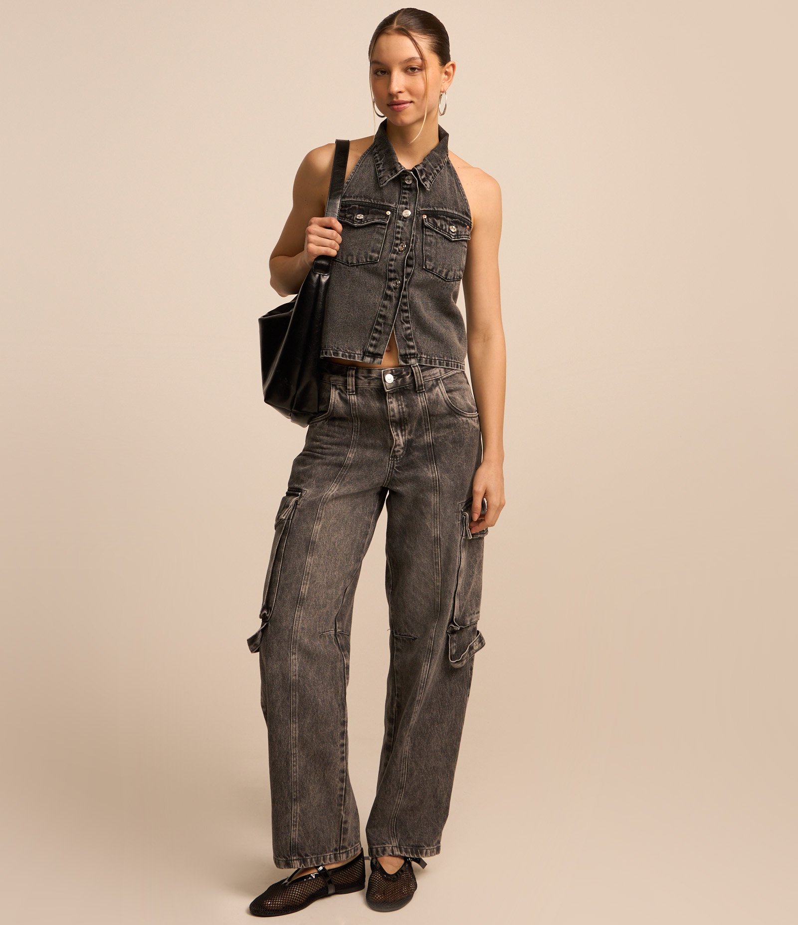 Blusa em Jeans Frente Única com Botões Preto 2