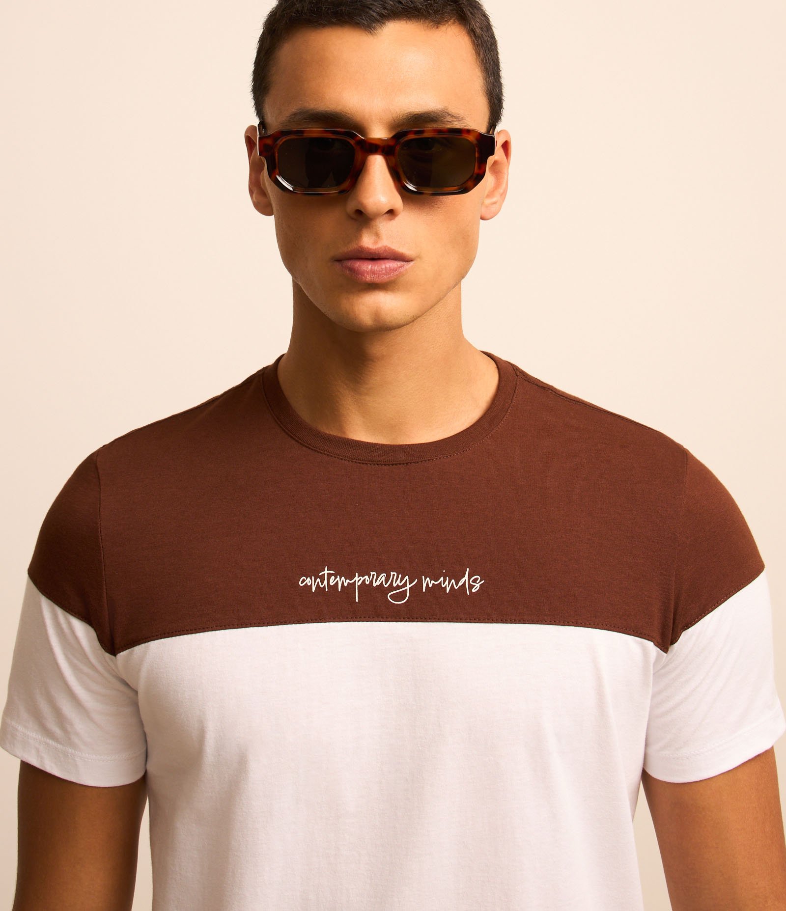 Camiseta Slim em Algodão em Bloco de Cores e Estampa Lettering Branco e Marrom 3