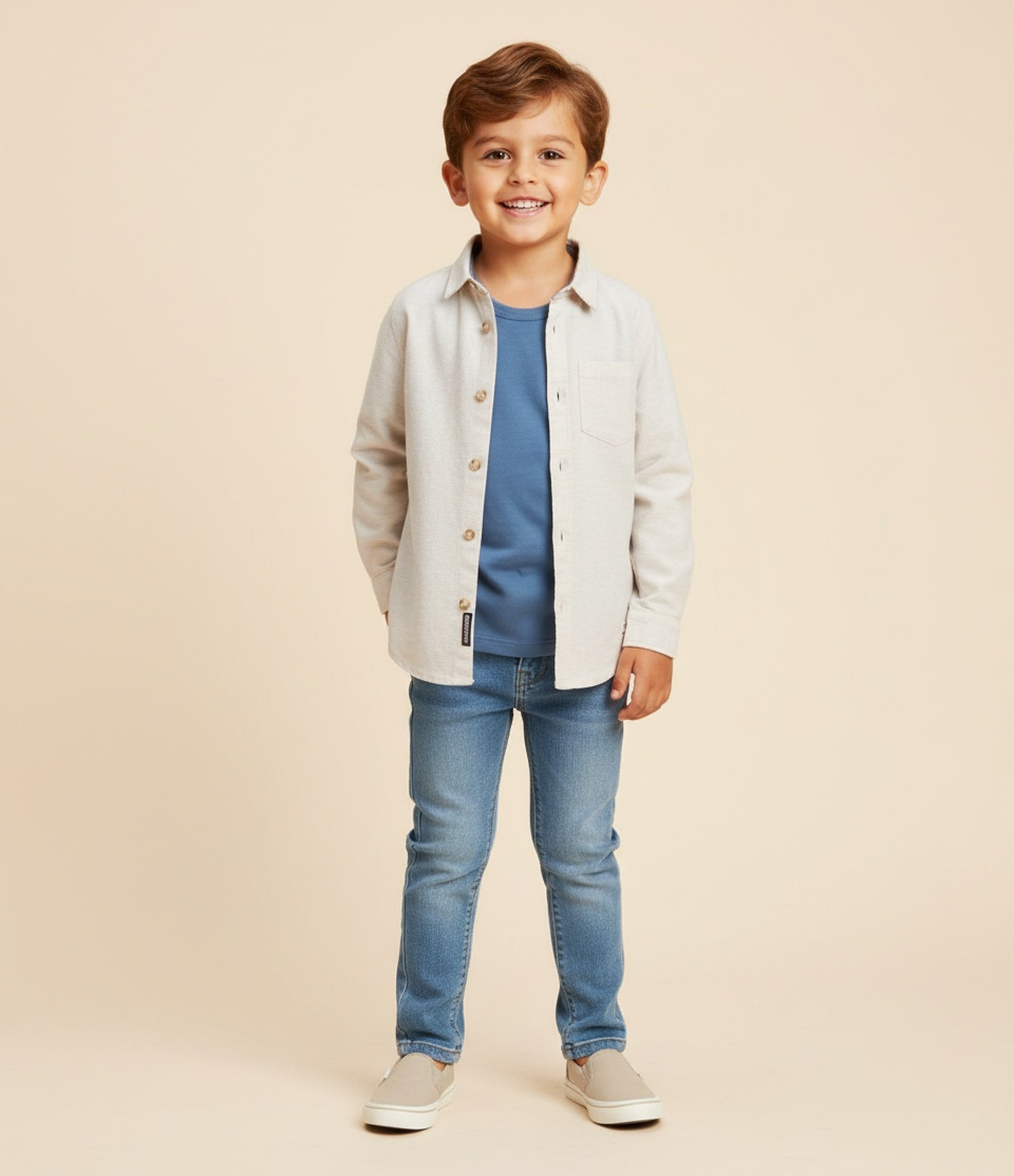 Camisa Básica Infantil em Oxford com Bolso - Tam 1 a 5/6 Anos Bege 1