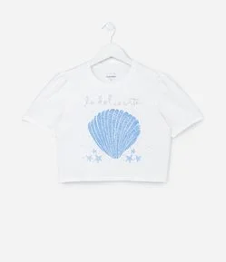 Blusa Infantil com Estampa de Conchas e Brilhos - Tam 5 a 14 Anos