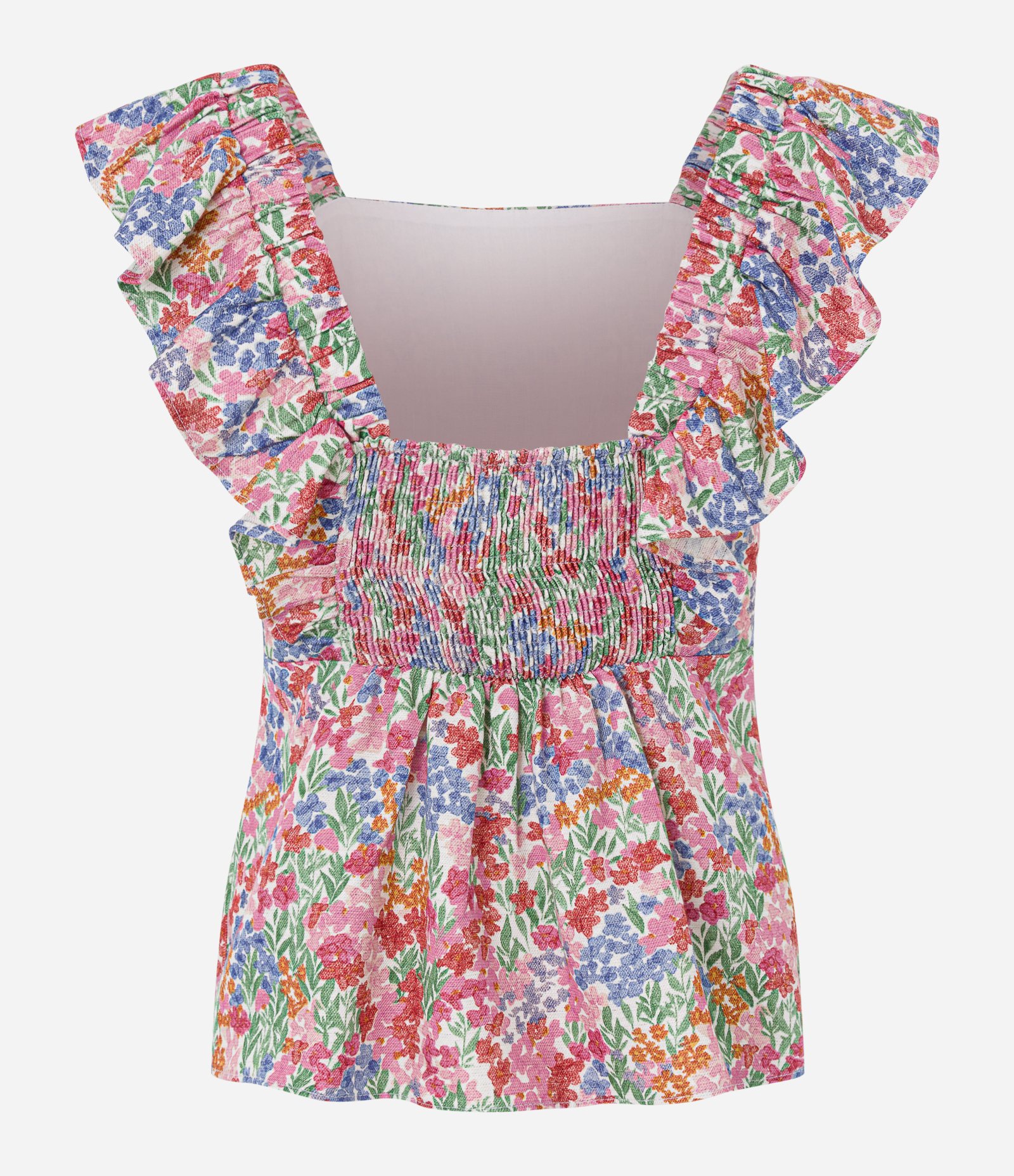 Blusa em Viscolinho com Babado e Estampa Floral Liberty Rosa/Vermelho/Laranja/Verde/Azul 7