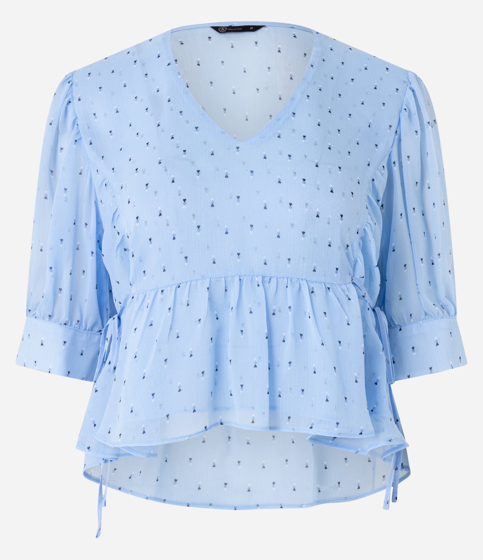 Blusa em Chiffon com Recorte na Cintura e Corações Estampados Azul 5