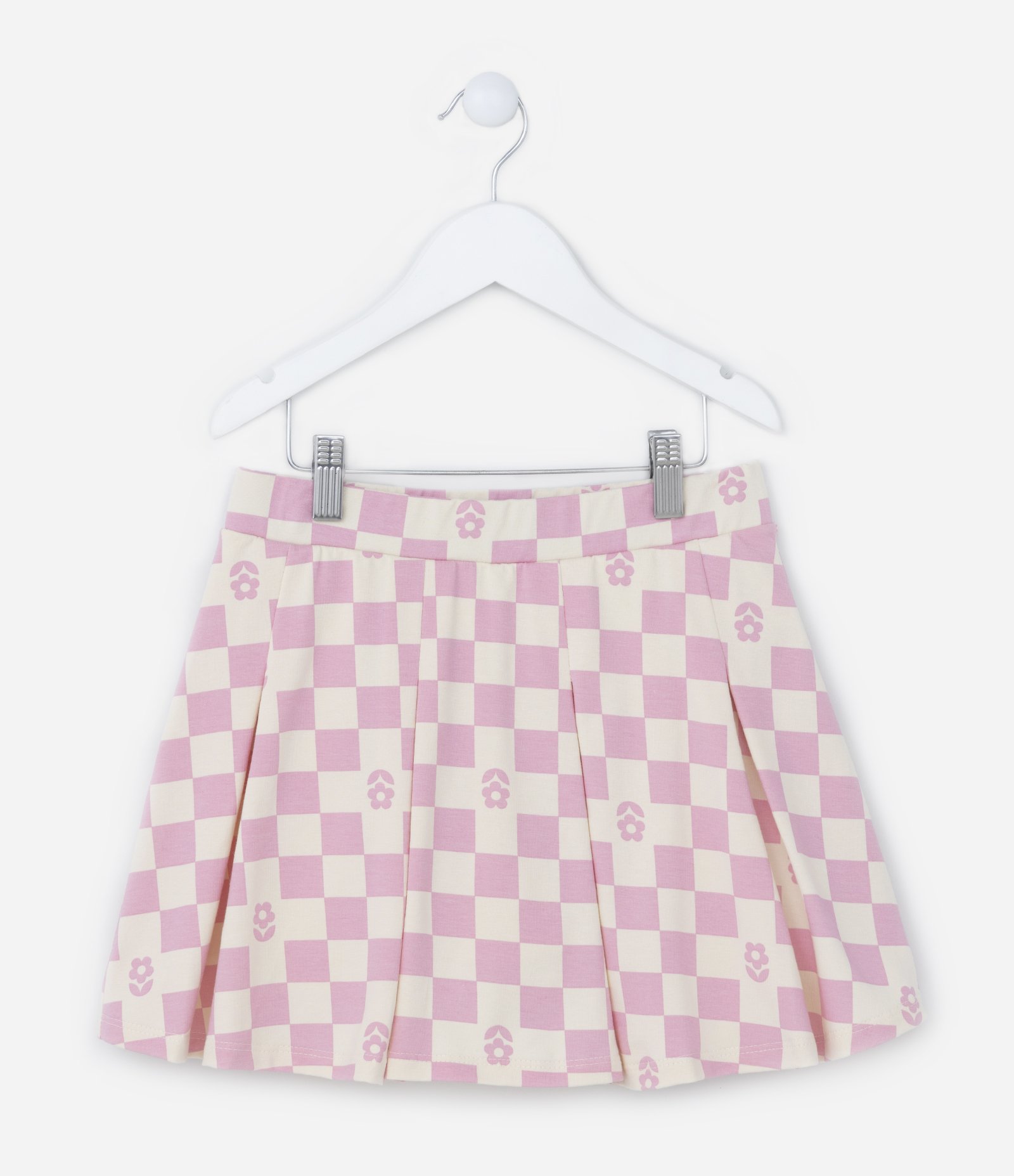 Short Saia com Pregas e Estampa Xadrez - Tam 5 a 14 Anos Rosa/Bege 1