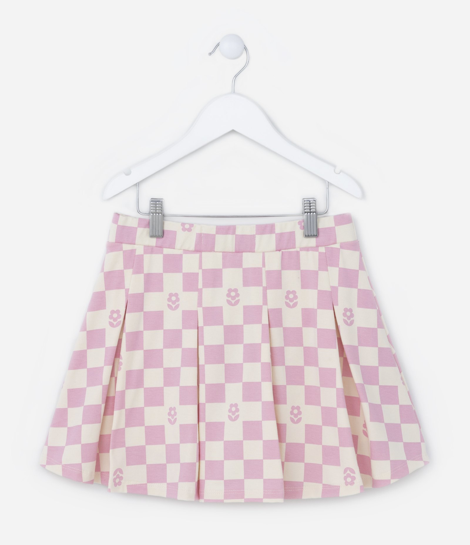 Short Saia com Pregas e Estampa Xadrez - Tam 5 a 14 Anos Rosa/Bege 2