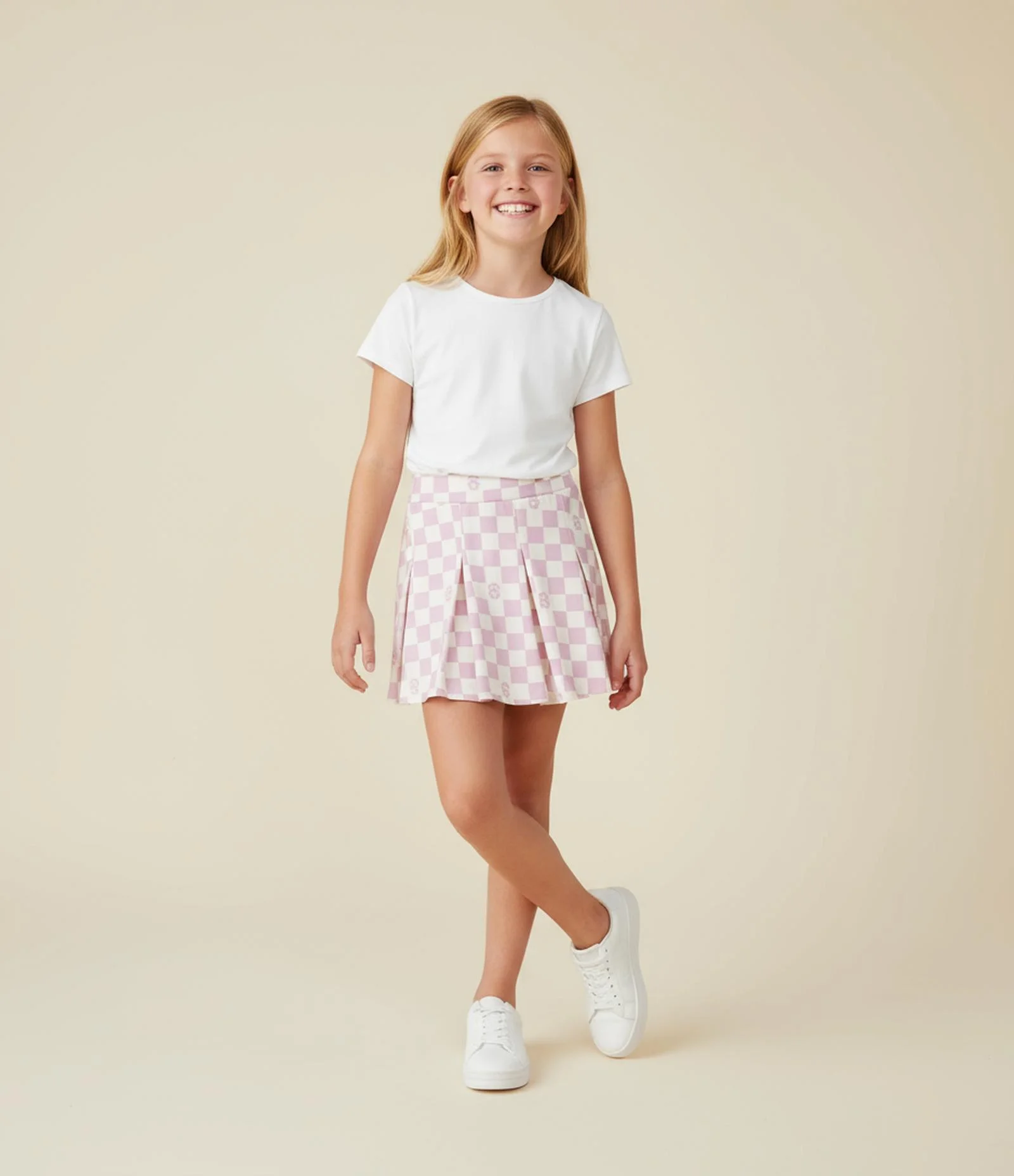 Short Saia com Pregas e Estampa Xadrez - Tam 5 a 14 Anos Rosa/Bege 1