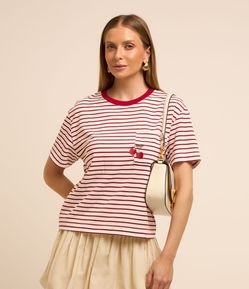 Blusa em Algodão Listrado com Cereja Bordada no Bolso