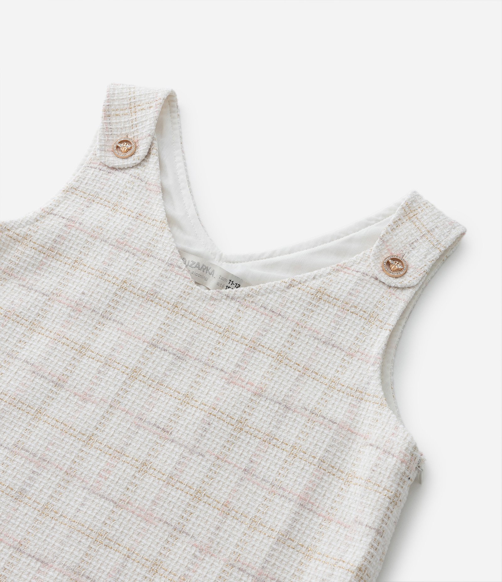 Vestido Infantil em Tweed Xadrez com Botões de Strass - Tam 5 a 14 anos Off White 5