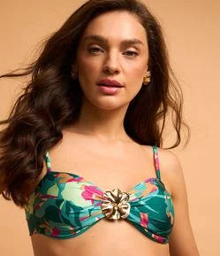 Biquíni Top Bandeau Estampado Folhagem com Flor Metalizada Aplicada