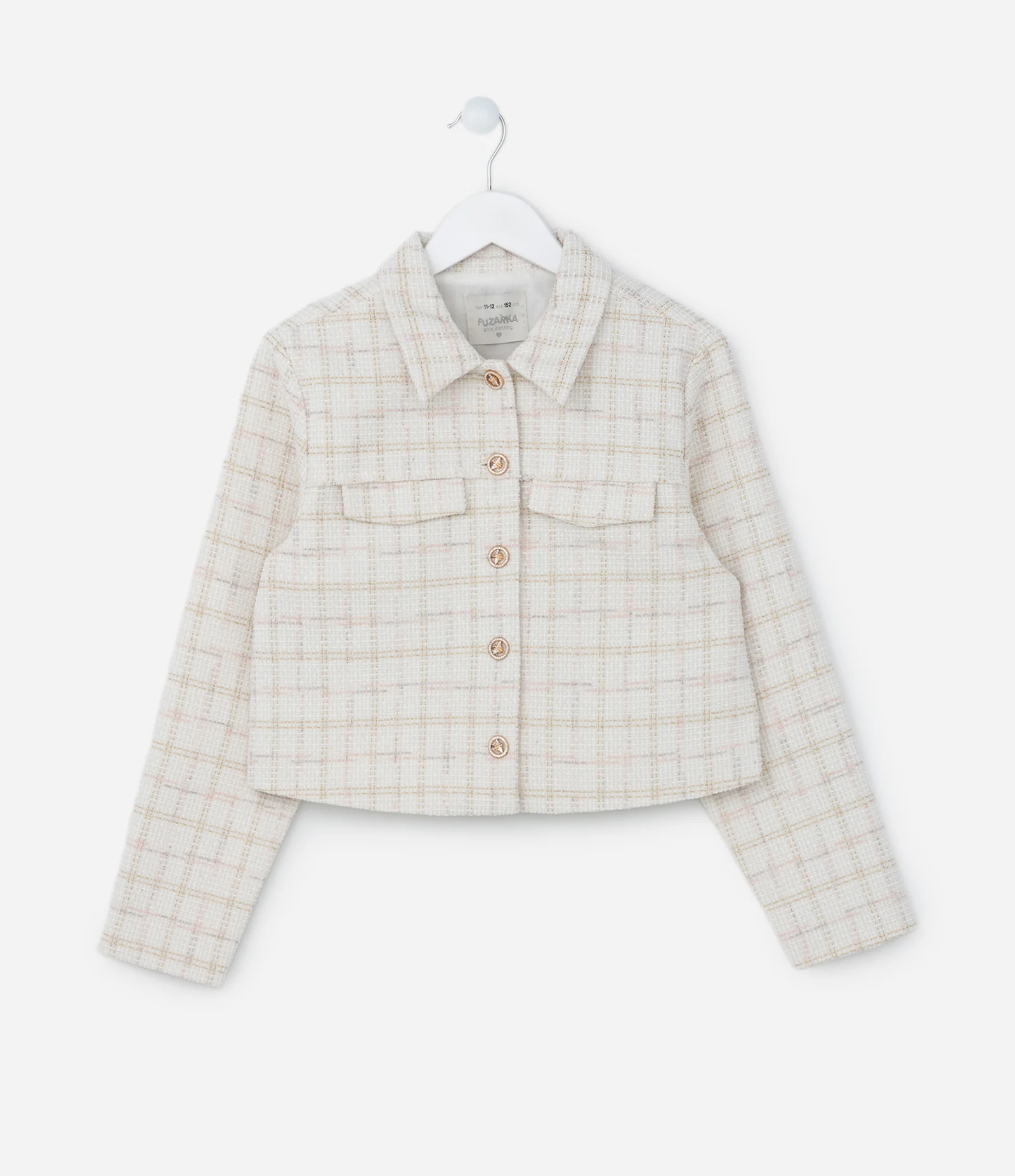 Jaqueta em Tweed com Gola Polo e Botões com Abelinhas -Tam 5 a 14 Anos Off White 1