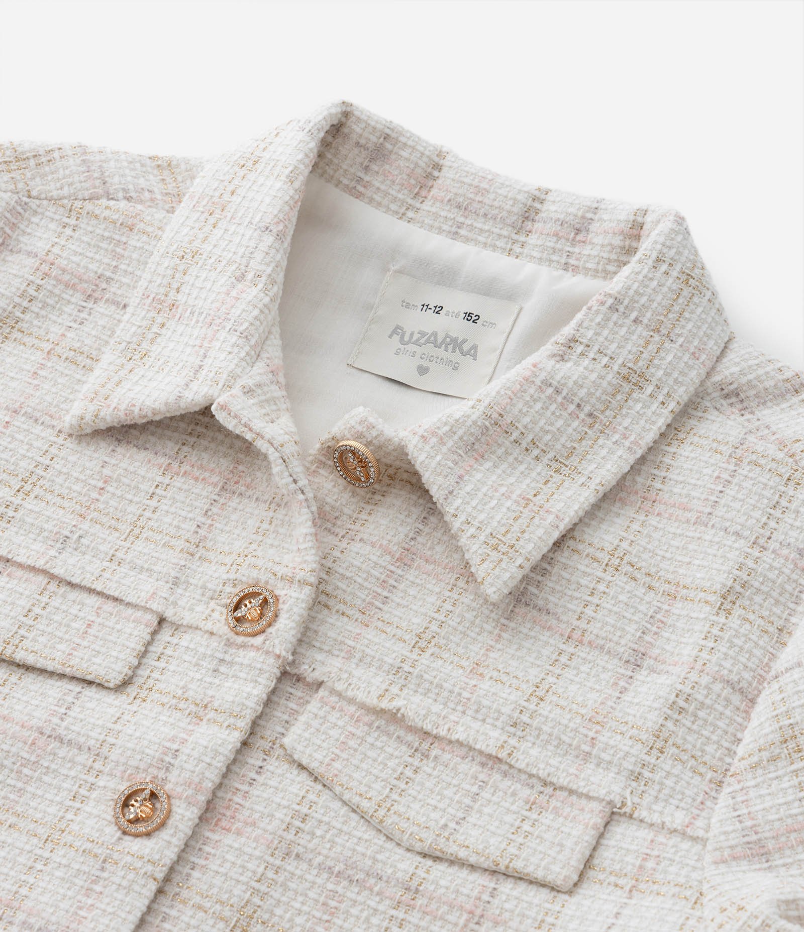 Jaqueta em Tweed com Gola Polo e Botões com Abelinhas -Tam 5 a 14 Anos Off White 5