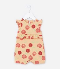 Macaquinho Infantil com Babadinho e Estampa Cereja - Tam 0 a 18 meses