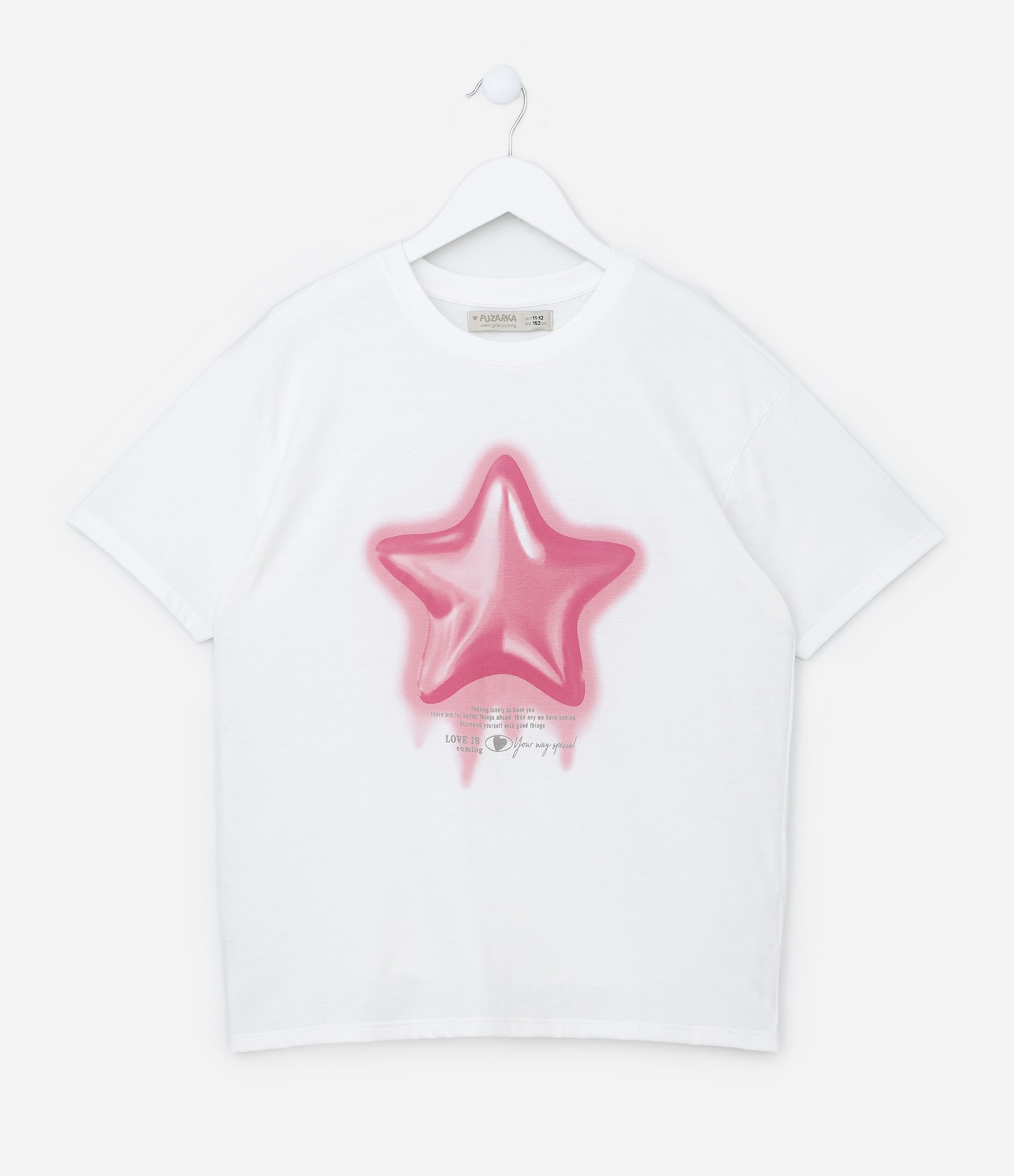 Camiseta Comfort Infantil com Estampa Estrela 3D - Tam 7 a 14 Anos Branco Neve 1