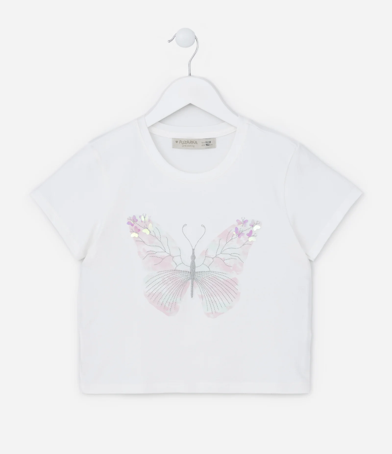 Camiseta Curta Infantil com Bordado Borboleta - Tam  5 a 14 Anos Branco Neve 1
