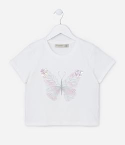 Camiseta Curta Infantil com Bordado Borboleta - Tam  5 a 14 Anos
