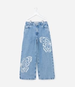 Calça Wide Leg Infantil em Jeans com Borboletas Estampadas - Tam 5 a 14 anos