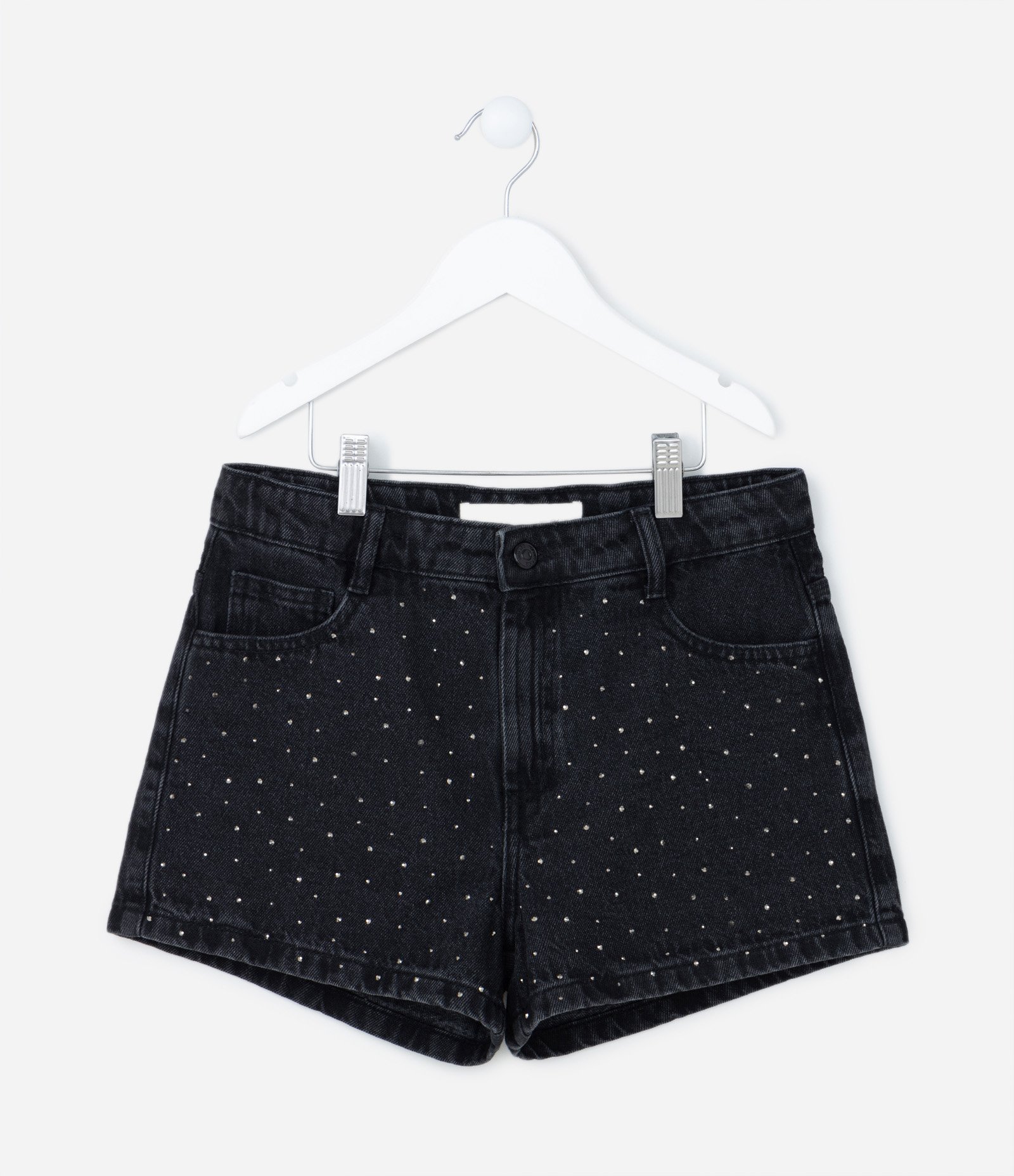 Short Cintura Alta Infantil em Jeans Aplicação de Strass - Tam 5 a 14 Anos Preto 1