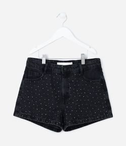 Short Cintura Alta Infantil em Jeans Aplicação de Strass - Tam 5 a 14 Anos
