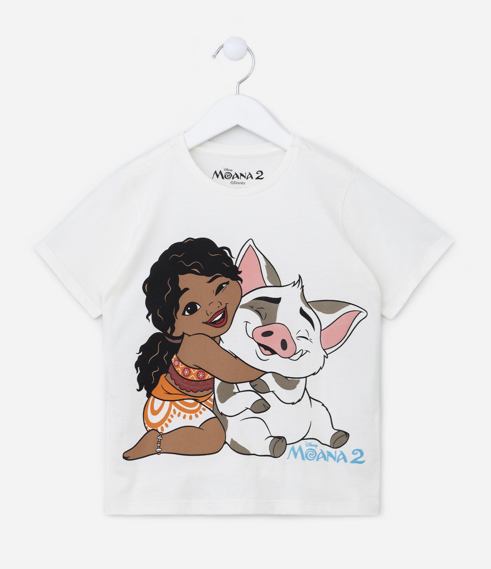 Camiseta Infantil com Estampa da Moana e Porquinho - Tam 4 a 12 Anos Branco Neve 1