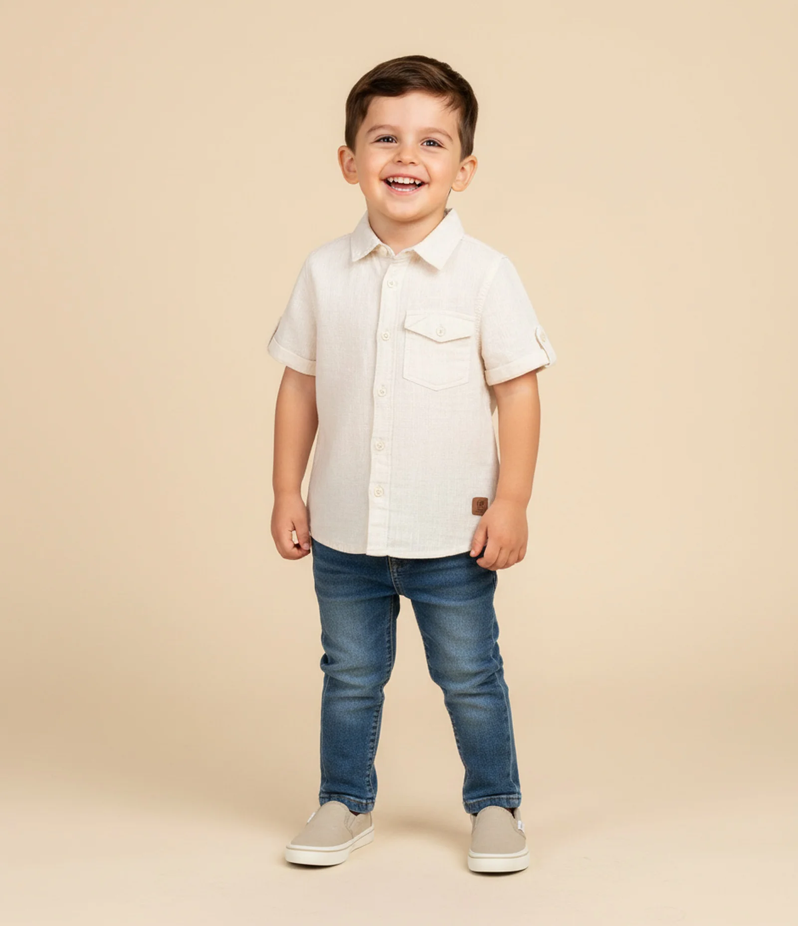 Camisa Infantil em Viscolinho com Bolsinho - Tam 1 a 4 Anos Bege 1
