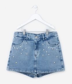 Short Saia Infantil em Jeans com Aplicação de Pérolas - Tam 5 a 14 anos