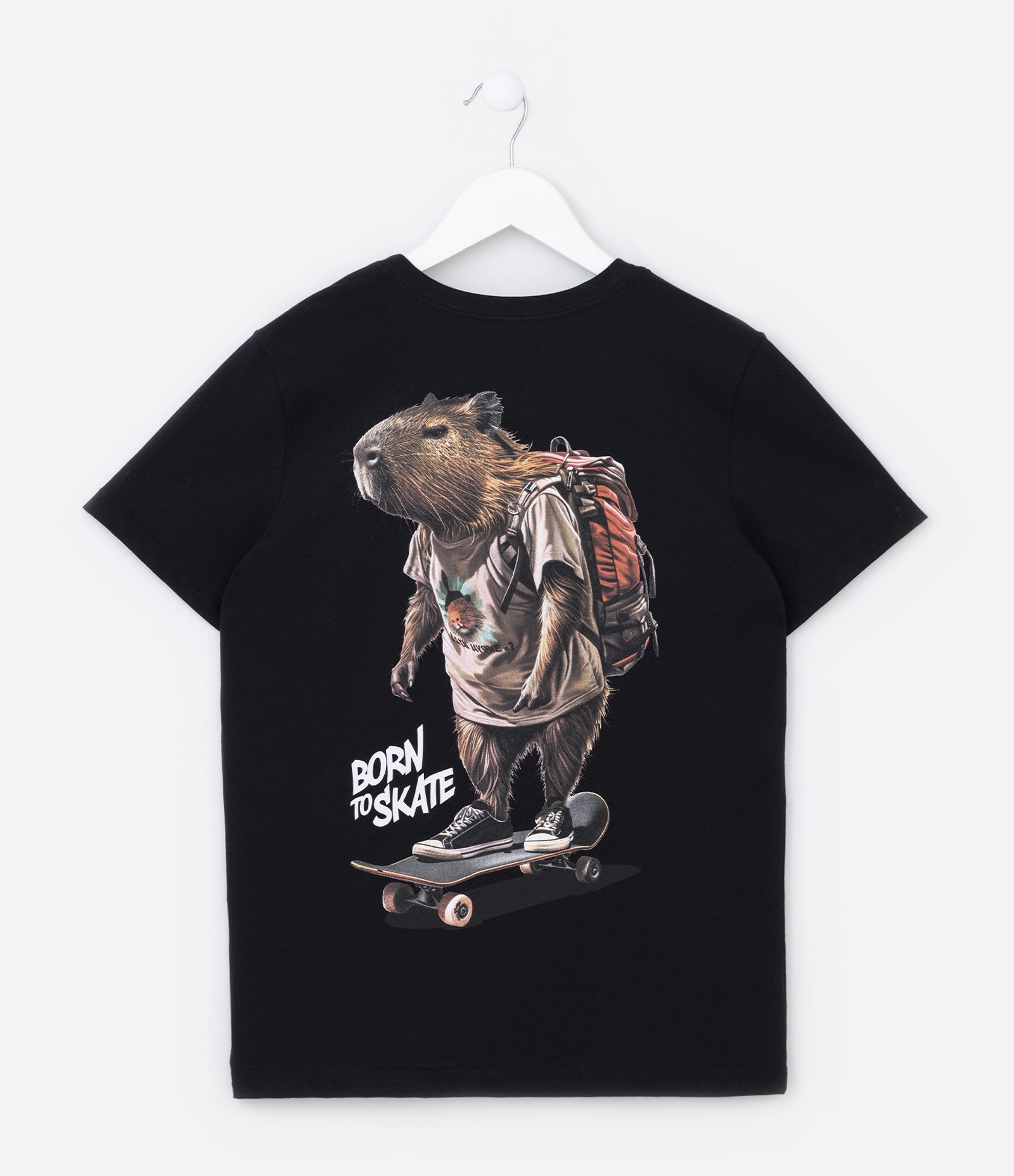 Camiseta Infantil com Estampa de Capivara Skatista - Tam 5 a 14 anos Preto 3