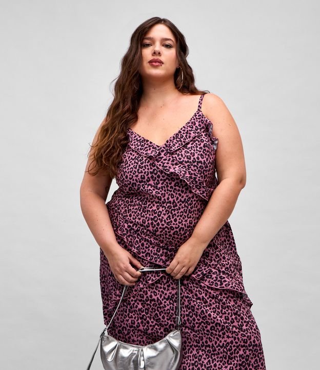 Vestido Midi em Crepe com Estampa Oncinha e Babados Curve & Plus Size