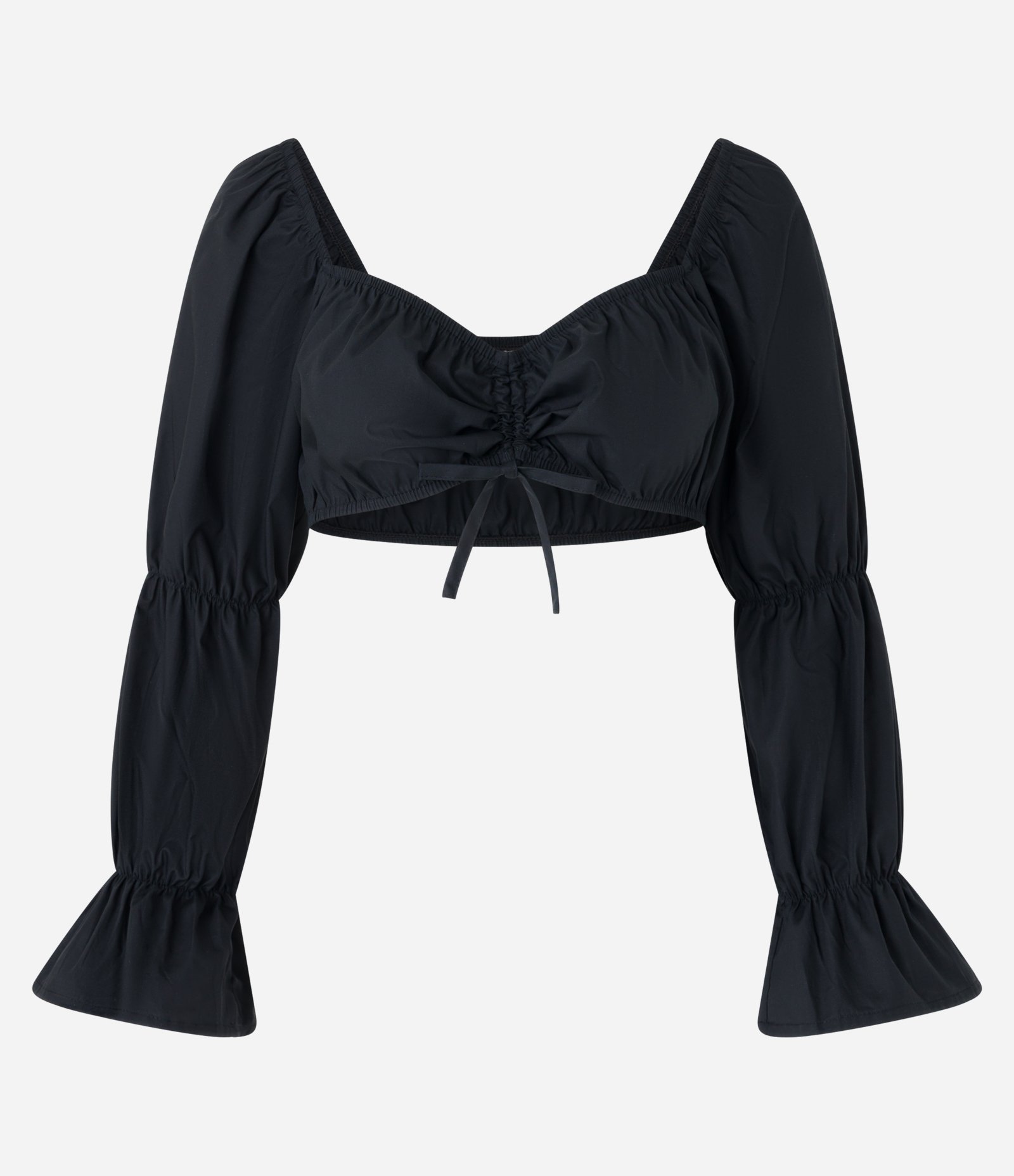 Blusa Cropped em Tricoline e Babados nos Punhos em Sino Preto 5