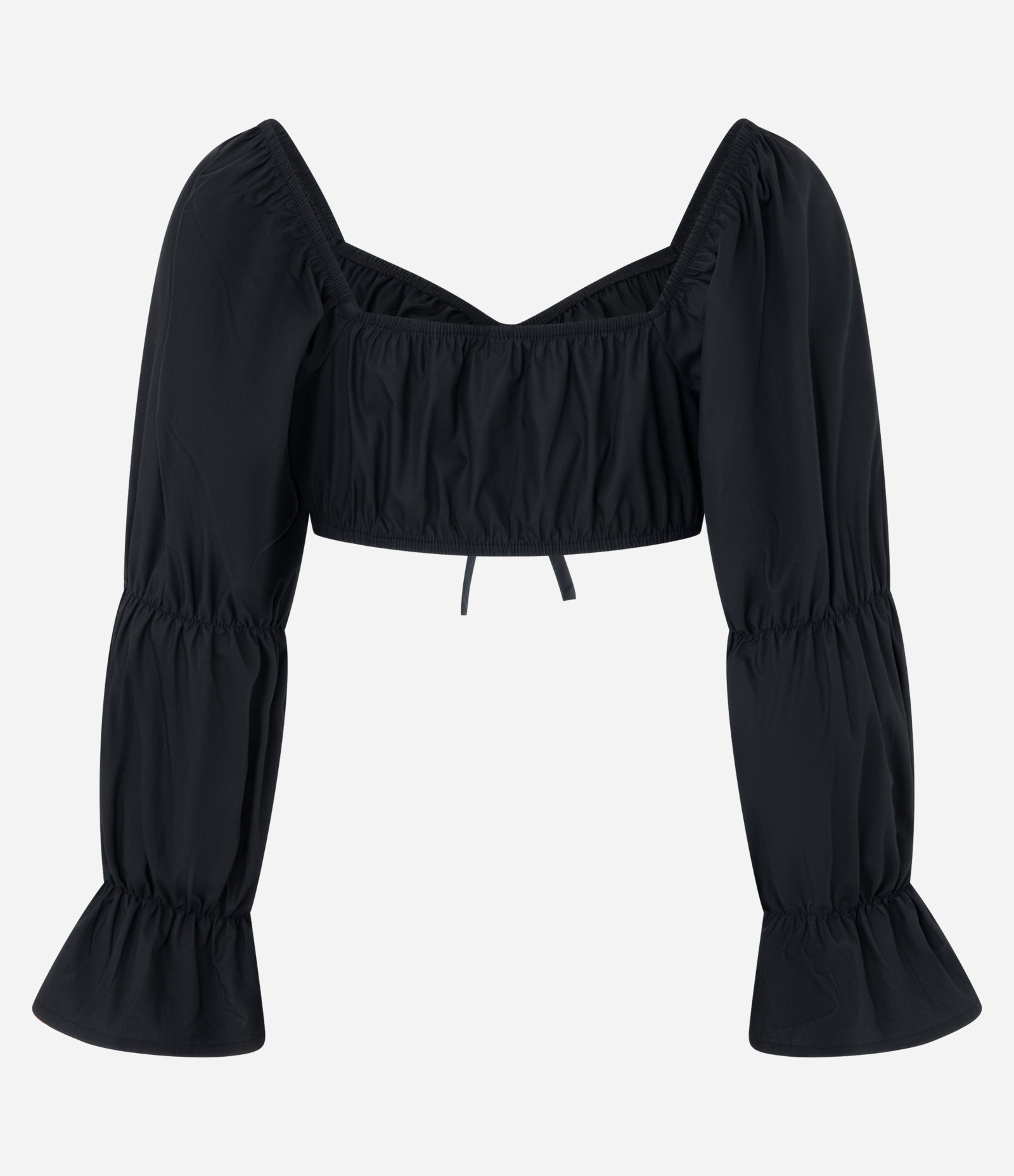 Blusa Cropped em Tricoline e Babados nos Punhos em Sino Preto 6