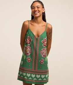 Vestido Curto em Viscolinho com Decote V Alça Fina e Estampa Floral