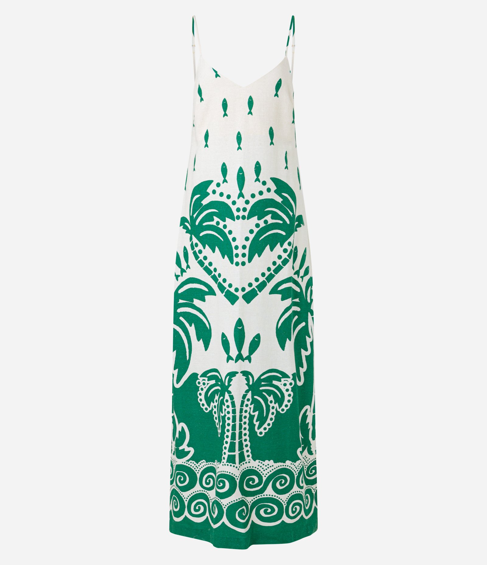 Vestido New Midi em Viscose e Linho com Estampa de Peixinho e Folhagens Branco/Verde 4