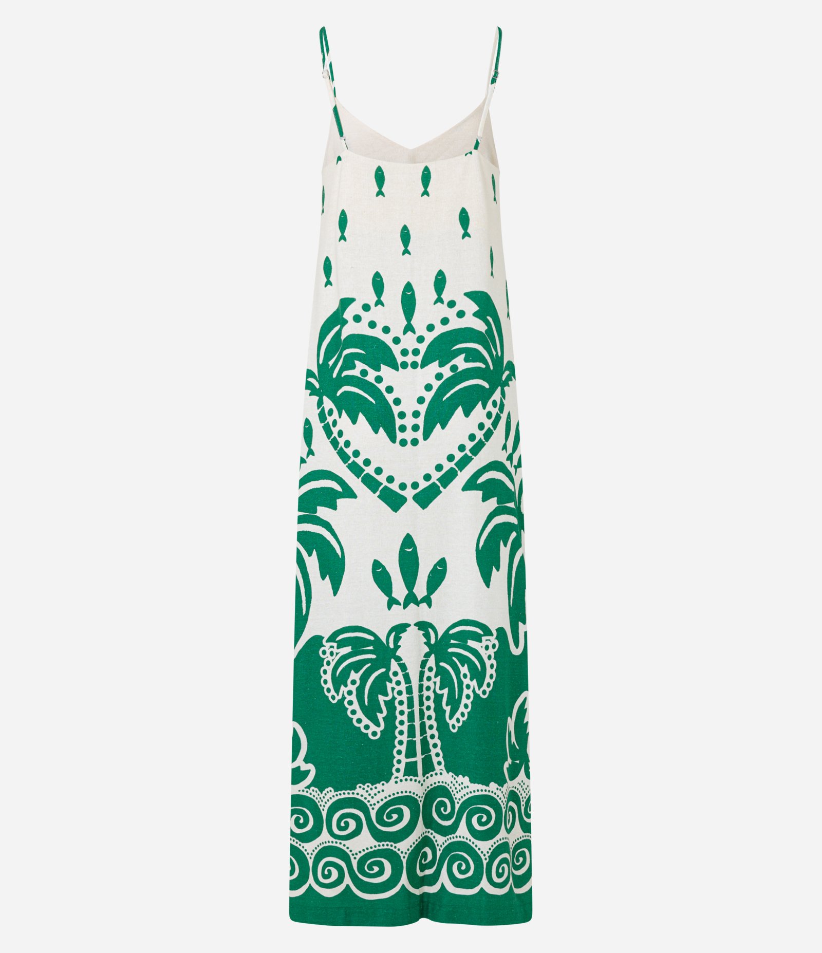 Vestido New Midi em Viscose e Linho com Estampa de Peixinho e Folhagens Branco/Verde 5