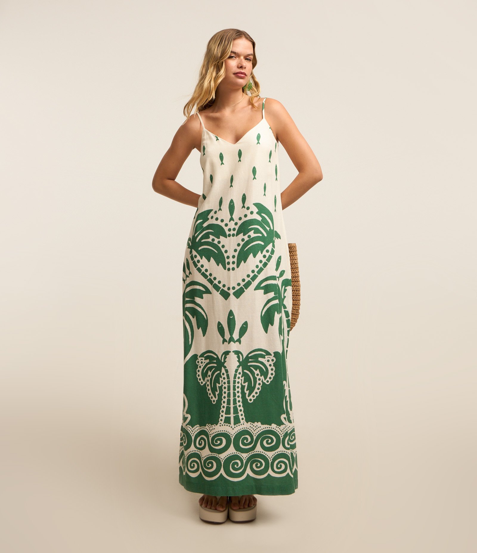 Vestido New Midi em Viscose e Linho com Estampa de Peixinho e Folhagens Branco/Verde 1