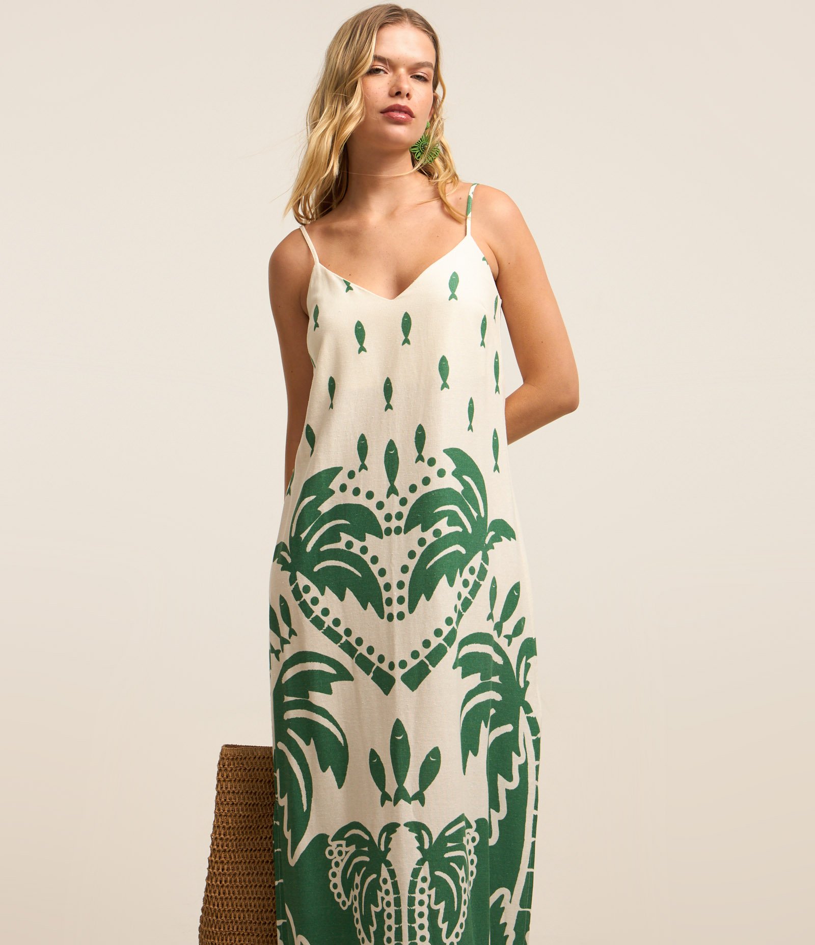 Vestido New Midi em Viscose e Linho com Estampa de Peixinho e Folhagens Branco/Verde 2